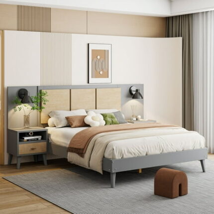 Queen Size Bed Frame with Rattan Headboard Wooden Platform Bedframe with Built-In Lamps and Nightstands with Drawers Modern Farmhouse Bedroom Set in Gray