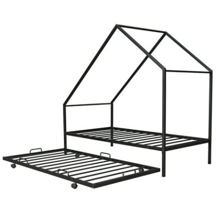 Stylish and Sturdy XNGGNG Black Twin Size Metal House Bed with Trundle - Modern Black Finish Kid's House Bed Frame for Small Spaces - Twin Size Bedframe with Underbed Trundle for Sleep - Perfect Solu