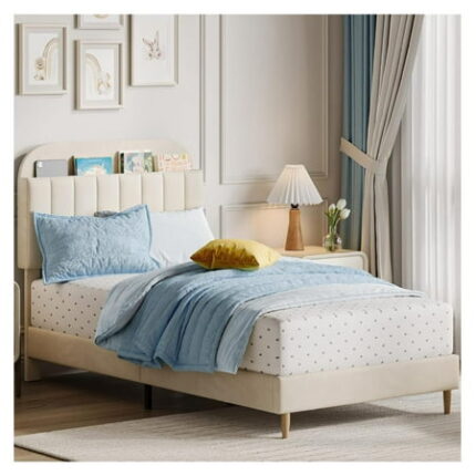 Twin Bed Frame with Storage Headboard Upholstered Platform Bedframe for Kids Girl Bed Strong Wooden Slats Noise-Free Easy Assembly No Box Spring Needed White