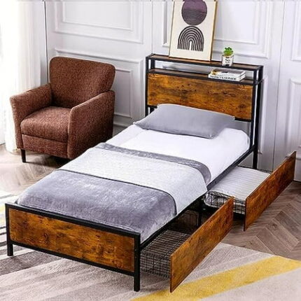 Twin Size Bed Frame with 2 Storage Drawers Platform Bedframe with Storage Headboard Strong Metal Slat Support/No Box Spring Needed/Easy Assembly/Space Saving