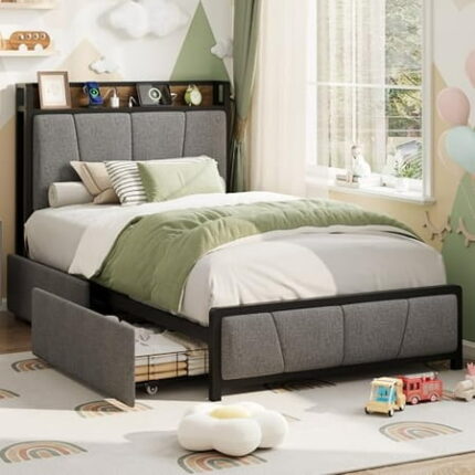 Twin Size Bed Frame with 2 Storage Drawers and Charging Station Rustic Linen Upholstered Platform Bedframe with Storage Headboard Heavy Duty No Box Spring Needed Easy Assembly Noise Free