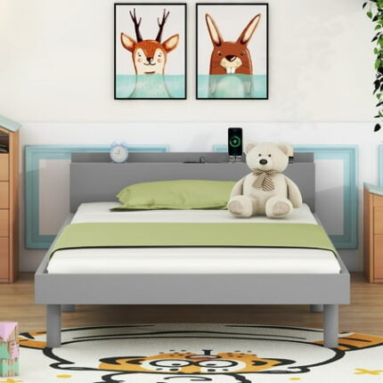 Twin Size Platform Bed Frame Solid Wood Upholstered Bed Frame with USB Ports Heavy-Duty Platform Bedframe Heavy-Duty Platform Bedframe