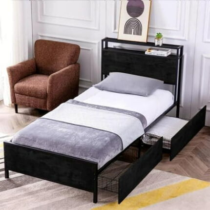 Twin XL Bed Frame with 2 Storage Drawers Platform Bedframe with Storage Headboard Strong Metal Slat Support/No Box Spring Needed/Easy Assembly/Space Saving Black