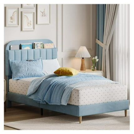 Twin XL Bed Frame with Storage Headboard Upholstered Platform Bedframe for Kids Boy Bed Strong Wooden Slats Noise-Free Easy Assembly No Box Spring Needed Light Blue