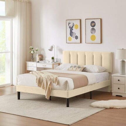 VECELO Queen Bed Frame with Upholstered Headboard Heavy-Duty Platform Bedframe with Strong Wooden Slats Support No Boxing Spring Needed Beige