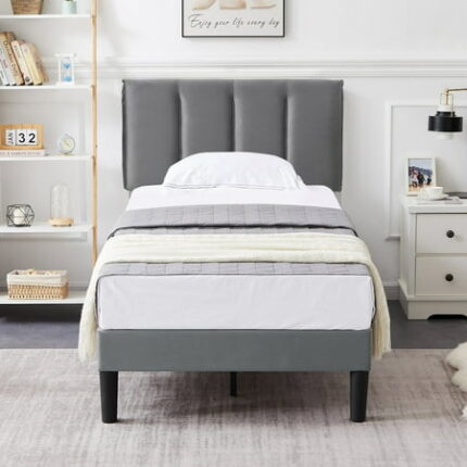 VECELO Twin Bed Frame with Upholstered Headboard Heavy-Duty Platform Bedframe with Strong Wooden Slats Support No Boxing Spring Needed Dark Gray