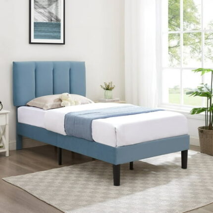 VECELO Twin Bed Frame with Upholstered Headboard Heavy-Duty Platform Bedframe with Strong Wooden Slats Support No Boxing Spring Needed Light Blue