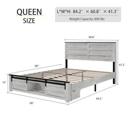 Wooden Queen Size Bed Frame with Headboard Boho White Farmhouse Storage Bedframe with Sliding Barn Door Footboard and Charging Station Solid Wood Slats No Box Spring Needed