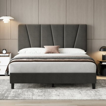 Accreate Queen Bed Frame with Adjustable Headboard Linen Upholstered Platform Bedframe with Strong Wooden Slats Mattress Foundation Grey