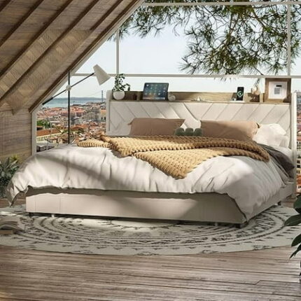 Bed Frame Queen Size with Headboard Upholstered Platform Bedframe with 3 Underbed Storage Drawers AC USB & Type C Charge Stati
