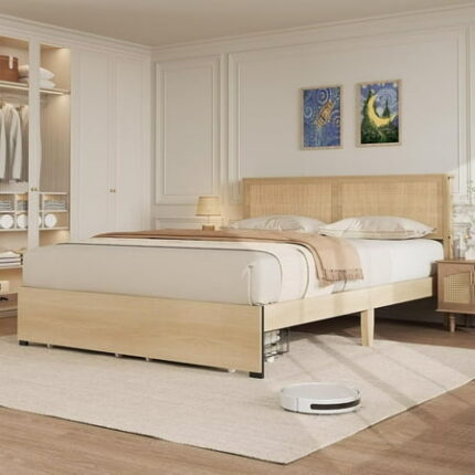 Bed Frame with 2 Storage Drawers Platform Bed with Rattan Headboard Natural Rattan King Size Bed Frame Metal Bedframe with Wood Slats Support Noise Free No Box Spring Needed