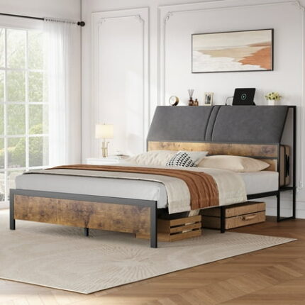 Bed Frame with Ergonomic Upholstered Headboard & Charging Station Platform Bedframe with 4-Tier Storage Space Mattress Foundation with Strong Metal Slats Support No Box Spring Needed