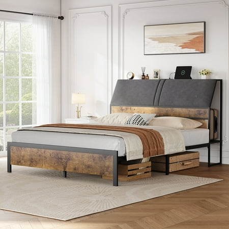 Bed Frame with Ergonomic Upholstered Headboard & Charging Station Platform Bedframe with 4-Tier Storage Space Mattress Foundation with Strong Metal Slats Support No Box Spring Needed Bed Frame with Ergonomic Upholstered Headboard & Charging Station Platform Bedframe with 4-Tier Storage Space Mattress Foundation with Strong Metal Slats Support No Box Spring Needed