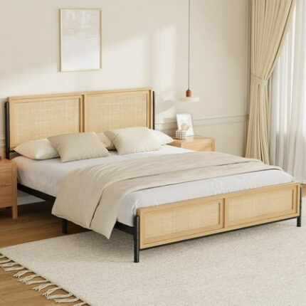 Boho Full Size Bed Frame with Natural Rattan Headboard and Footboard Wooden Full Platform Bed No Box Spring Needed 14 inch Noise-Free Easy Assemble Metal Bedframe