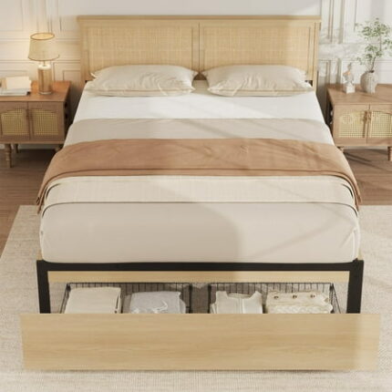 Danolapsi Full/Queen Platform Bed Frame Rattan Bed Frame with Headboard and 2 Storage Drawers Large Under-Bed Space Farmhouse Metal Bedframe with Wood Slats Support Noise Free No Box Spring Needed