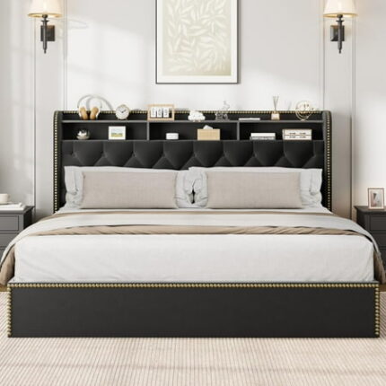 Danolapsi Velvet Full Size Bed Frame with 4 Storage Drawers Upholstered Full Platform with Tufted Headboard and Nailhead Trim Design Black No Box Spring Needed Wooden Slats Bedframe