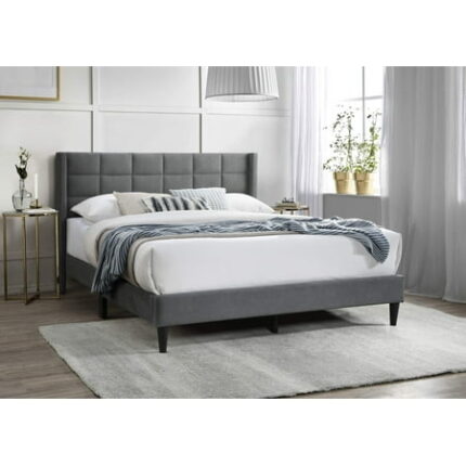 Elegant Modern Gray Brushed Linen 1Pc Queen Size Bed Upholstered Box Design Headboard Bedframe Box Spring Not Required Queen Gray Wood Bedroom Contemporary Modern Bed Frame Linen Linen