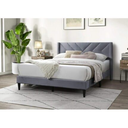 Elegant Modern Gray Velvet Upholstered Queen Size Bed Clean Lines Design Headboard 1Pc Bedframe Box Spring Not Required Queen Grey Wood Bedroom Contemporary Modern Bed Frame Velvet Velvet