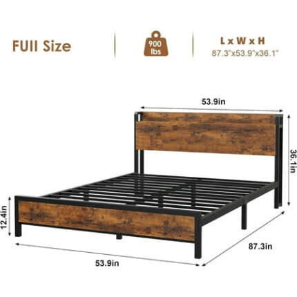 FULL Size Bed Frame with Charging Station and USB Ports Industrial King Bed Platform with Headboard No Box Spring Needed 2-Tier Storage Bedframe Retro Brown