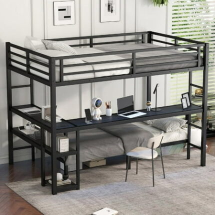 FULL XL Over Twin Bunk Bed Frame with Charging Station and Built-in L-Shape Desk Metal Bunk Bed with LED and Multiple Storage Built-in Work Station Bedframe with Safety Guardrail & Ladder White