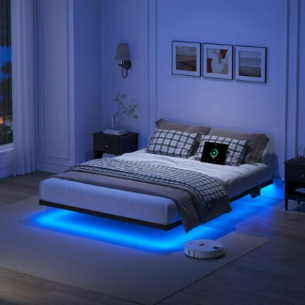 Floating Bed Frame Full Size Heavy Duty Bedframe with Smart LED Lights & Charging Station Modern Metal Platform Bed Easy Assembly No Box Spring Needed 8 Inch