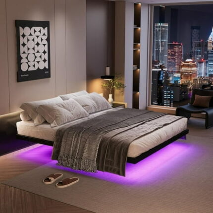 Floating Bed Frame with LED Lights and Charging Station 14 Inch King Size Floating BedFrame - Modern King Size Bed Frame Easy Assembly No Box Spring Needed