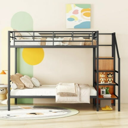 Full Over Full Bunk Beds with Storage Stairs & Wardrobe Heavy Duty Metal Bunk Bed Frame with Safety Guardrail Full Size Low Bunk Bedframe for Teens Adults Bedroom No Box Spring Needed Black