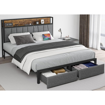 Full Size Bed Frame with Headboard and Storage, Drawers Platform Bed Frame with Storage Chargin Station LED Light Bedframe, Heavy Duty, No Box Spring