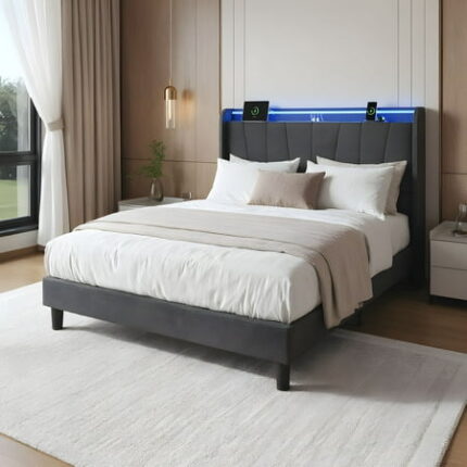 Full Size Bed Frame with LED Lights and Charging Station Fabric Upholstered Platform Full Bed Frame with Headboard No Box Spring Needed Bedframe Noise Free Easy Assembly Gray