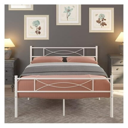 Full Size Bedframe Metal Bed Frame with Headboard and Footboard Mattress Foundation Support Platform Bed No Box Spring Needed Popular Style White