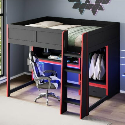 Full Size Gaming Loft Bed Frame with Built-in Desk and Wardrobe Wooden Loft Bed with 1 Drawer and LED Lights Loft Bedframe with Safety Guard Rails and Ladder Mattress Not Included Black