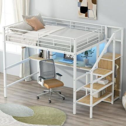 Full Size Loft Bed Frame with Build-in Desk LED Light Heavy Duty Beds Frame with Small Wardrobe and Storage Staircase Metal Bedframe with Safety Guard Rails Mattress Not Included White
