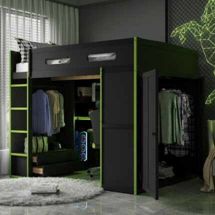 Full Size Loft Bed Frame with Desk and Charging Station Wooden Beds Frame with Wardrobe and Ample Storage Space Bedframe with Led Light and Guardrails for Bedroom Dorm Mattress Not Included Green