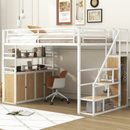 Full Size Loft Bed Frame with Storage Staircase and Wardrobe Metal Loft Bed with Shelves and Lockers Space Saving Design Bedframe with Safety Guardrail & Ladder White