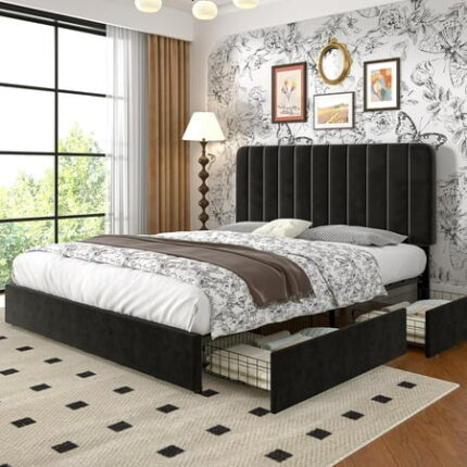 Full Size Upholstered Bed Frame with 4 Drawers and Headboard Velvet Platform Storage Bedframe Wooden Slats Support No Box Spring Needed Black
