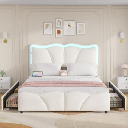 Full Size Upholstered LED Bed Frame with Adjustable Chic Petal Headboard Velvet Platform Storage Bedframe with 4 Drawers and Charging Station No Box Spring Needed Wooden Slats Support Beige