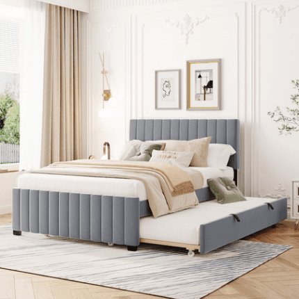 Full Size Velvet Upholstered Platform Bed with Trundle Gray Bed Frame with Soft Headboard - Space-Saving Bedframe for Teens and Adults