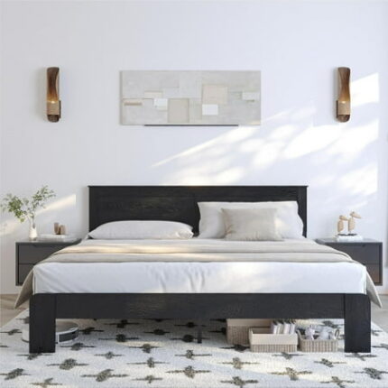 Full Size Wooden Bed Frame with Headboard Wood Bed Frame Rustic Farmhouse Style Sturdy Bedframe with 12 Wooden Slat Support Noiseless Easy to Assemble