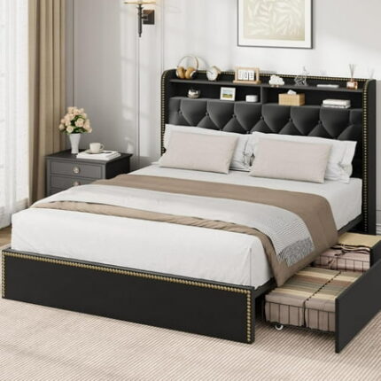 Full/King/Queen Size Bed Frame with Upholstered Headboard 2-Tier Shelf Black Velvet Tufted Platform Bedframe with 4 Storage Drawers Wooden Slats Support No Box Spring Needed