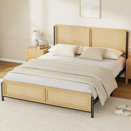 Full/Queen Size Bed Rattan Bed Frame with Headboard and Footboard Wooden Full Platform Bed No Box Spring Needed Noise-Free Easy Assemble Metal Bedframe