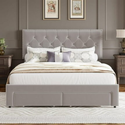 Full/Queen/King Size Bed Frame with 2 Storage Drawers Vintage Velvet Upholstered Bedframe with Wooden Slat Support and Button Tufted Wingback Headboard No Box Spring Needed Noise Free
