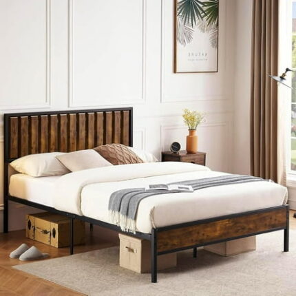 GAOMON Full Bed Frame with Headboard Footboard Rustic Wood Bedframe Farmhouse Platform Bed Frame with Metal Slat Wrought Rod No Box Spring Needed Farm House Beds Base Foundation-Full Size