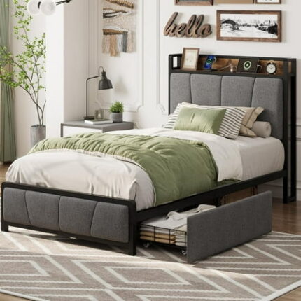 GAOMON TwinXL Size Bed Frame with 2 Storage Drawers and Charging Station Rustic Linen Upholstered Platform Bedframe with Storage Headboard No Box Spring Needed Easy Assembly Noise Free Grey