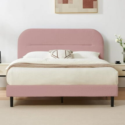 Girls Full Size Bed Frame Teddy Soft Boucle Fabric Upholstered Bedframe with Adjustable Headboard Platform Bed Frame with Rounded Corners Wooden Slat No Box Spring Required Pink