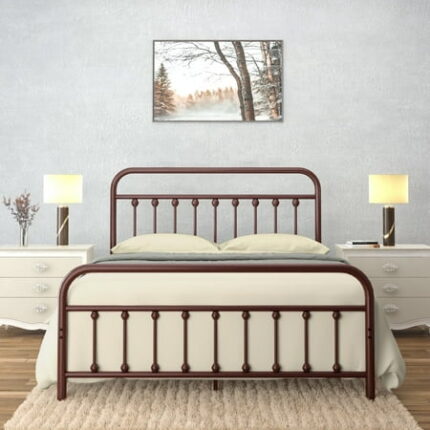 Golden Gate Beds Victorian Vintage Style Metal Bed Frame with Wrought Iron Headboard and Footboard Classic Platform Bedframe with Storage No Box Spring Needed Mattress Foundation Brown Queen Size
