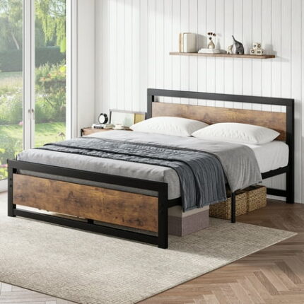 Huloretions Full Size Bed Frame Platform 14 inch Full Bedframe With Headboard Industrial Bedframe No Box Spring Needed Noise Free Full Mattress Foundation Easy to Assemble