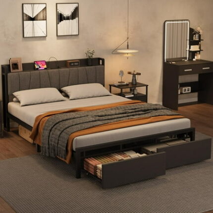 Huloretions Full/King Size Bed Frame with Charging Station Industrial Platform Bed with 2 Large Drawers Full Platform Bed with Storage Headboard No Box Spring Needed Bedframe