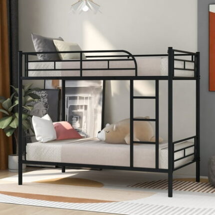 Kacho Twin Metal Bunk Bed Bunk Bed Frame for Teens Adults with Ladder and Safety Guardrail Heavy Duty Bedframe Can Be Detachable No Box Spring Needed Black