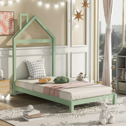 Kacho Twin Size Kids Bed with House-Shaped Headboard Toddler Floor Bed with Solid Wood Slats Twin Platform Bed Frame for Girls Boys Wood Twin Bedframe No Box Spring Needed Green