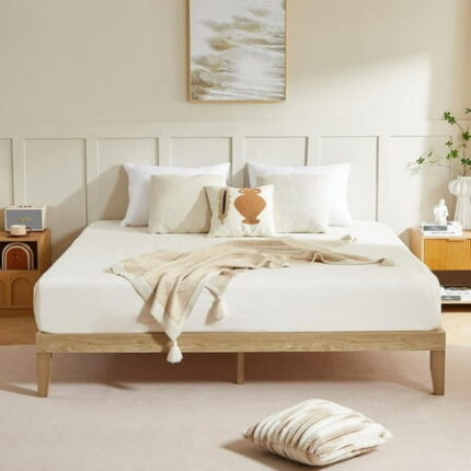 King Bed Frame 12 Inch Wooden Bedframe with Solid Wood Slat Support Minimalist King-Size Wood Platform No Box Spring Needed Noise Free Sturdy Easy Assembly